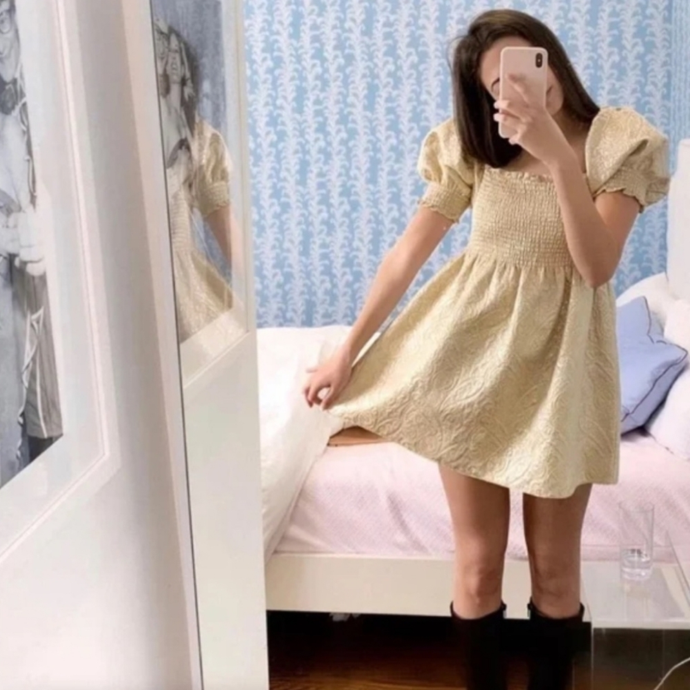 Hill House Athena Jaquered Puff Sleeve Metallic Gold Nap Dress Medium